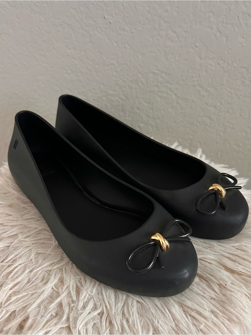 Melissa Black Ballet Flats with Gold Bow Accent